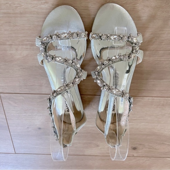 Badgley Mischka Metallic Silver Jeweled Flat Leather Carey Sandal - Picture 10 of 16